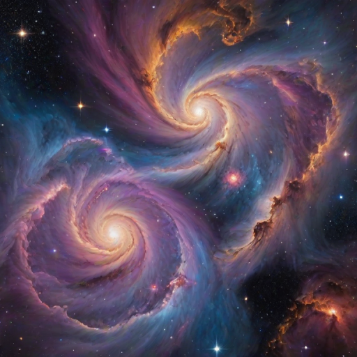 a vibrant cosmic scene depicting nebulae and stars with swirling colors of blue, purple, and gold in a vast space backdrop