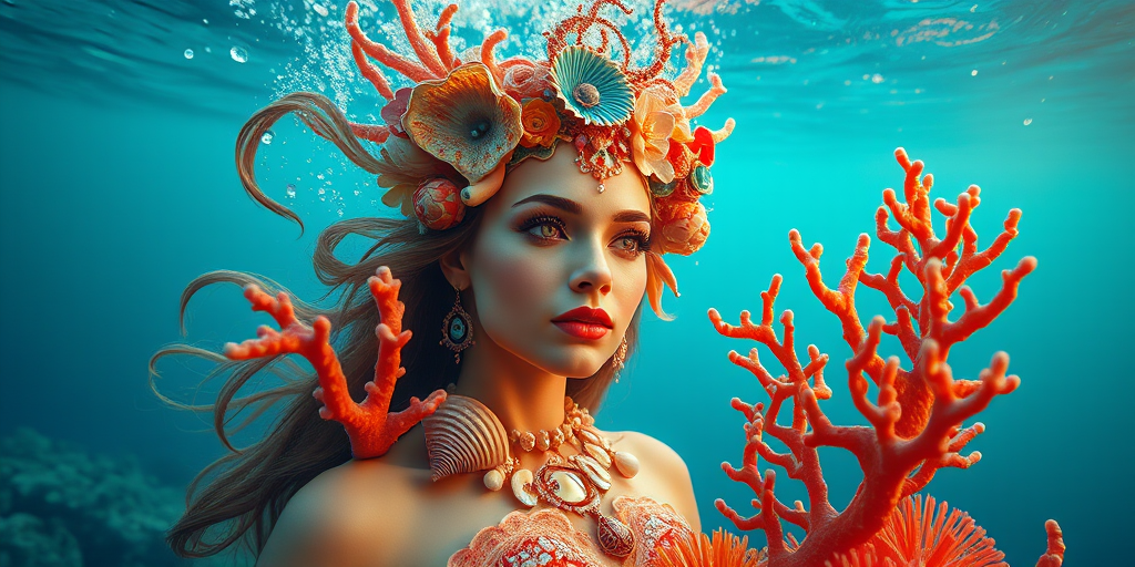 Create a vibrant underwater scene featuring a mythical sea goddess adorned with colorful coral and seashells, captured in high resolution with a Canon EOS R5, 50mm lens, f/1.8 aperture, ISO 100, and a soft evening light for enhanced detail and rich color depth.