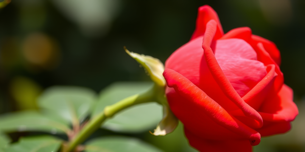 A vibrant red rose with a green stem and leaves, captured in sharp focus using a macro lens, aperture f/2.8, ISO 100, 50mm lens, with soft natural lighting from the side, background slightly blurred for depth.