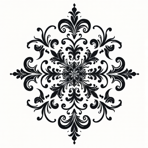Ornamental blackwork tattoo called "Baroque Elegance" featuring intricate filigree patterns, symmetrical designs, and elaborate scrollwork inspired by historical architectural elements