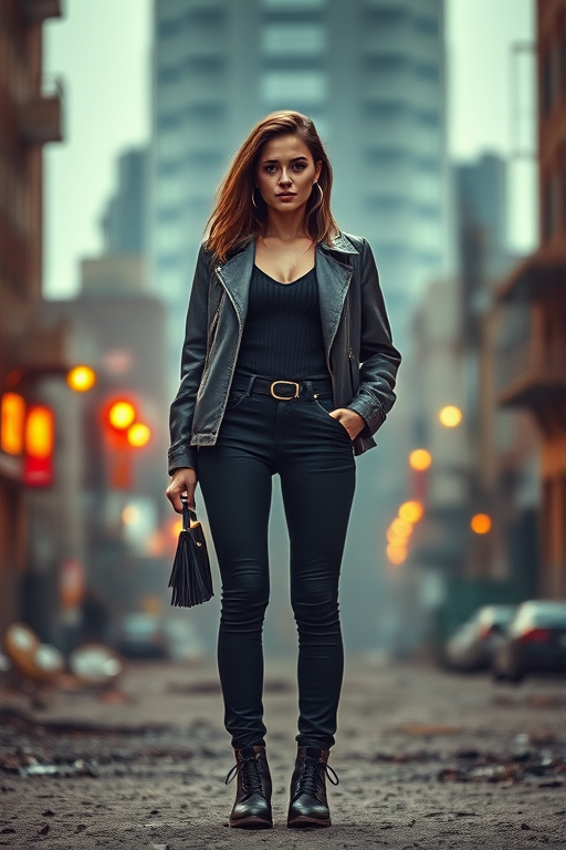 Create a high-resolution image of a fashionable woman standing confidently in a post-apocalyptic urban setting, with dramatic lighting, a shallow depth of field, taken with a Canon EOS 5D Mark IV, 50mm lens, f/1.8 aperture, ISO 100, and a soft focus background.