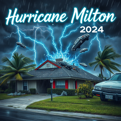 Hurricane Milton blows a roof off a home. Strong winds and rain blows sideways. Palm trees uprooted and bent over. Cars flying through the sky with debris. Sky is dark with thunder storms. Lightning strikes are fluorescent blue. Add text Hurricane Milton 2024
