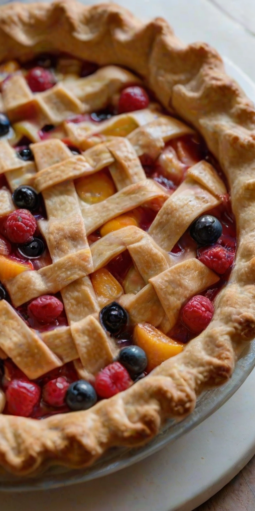 Close-up of a freshly baked pie cooling on a windowsill, soft light streaming in, illuminating the flaky crust and colorful fruit filling.