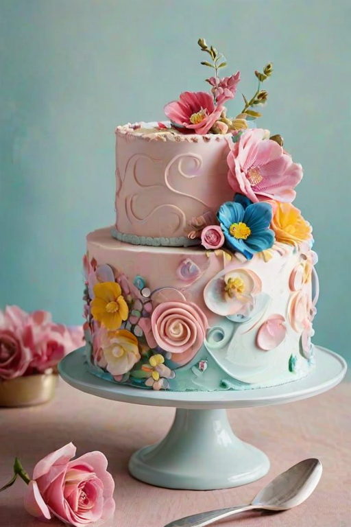 Create a whimsical cake design adorned with colorful edible flowers and unique decorative elements. Incorporate soft, swirled frosting textures and playful accents like small fruits or whimsical shapes, all topped with delicate, flowing decorations that give the cake an artistic and elegant appearance. Use a pastel color palette for a light and airy feel.