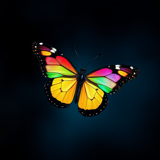 Create an abstract, colorful butterfly made of triangular geometric shapes, using a Canon EOS R5 with a 50mm f/1.2 lens, aperture set to f/2.8, ISO 100, and a 1/125 second shutter speed, shot from a slightly elevated angle to emphasize the vivid colors and details.