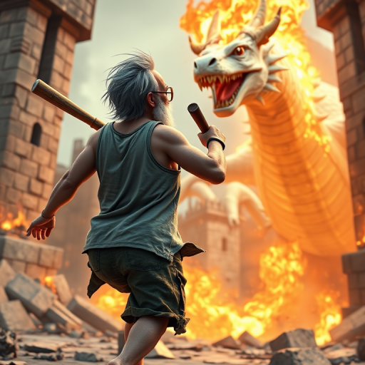 Cartoon 3D High-Resolution,dynamic battle scene using Unreal Engine 5 and Octane Render. The scene features back of an elderly, thai man with a beard,messy hair and round golden-rimmed glasses. He is wearing a tattered tank top with soot marks, shorts, and sandals. sweating. he wields a baseball bat. He jump to fight with a white fire-breathing Europe dragon amidst a partially destroyed stone castle. Include intense flames, smoke, and debris to enhance the dramatic effect.