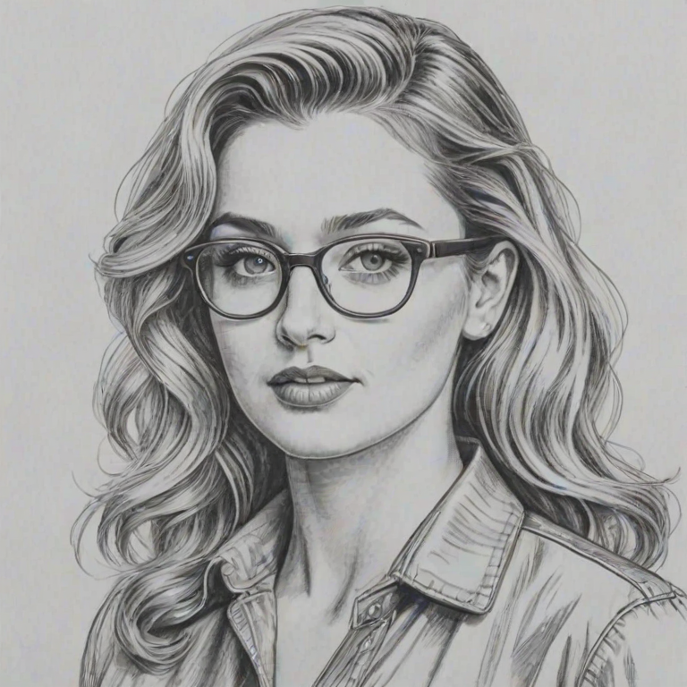 Ravishing Aly & AJ, pencil sketch, portrait of Attractive woman 1951s in glasses, hair style beatnik, outline, clear lines, fine lines, 8k