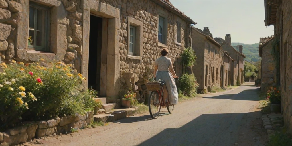 Dusty village road in the midday sun, a woman rides a vintage bicycle, her flowing skirt trailing behind as she passes by old stone houses with flower-filled windowsills.