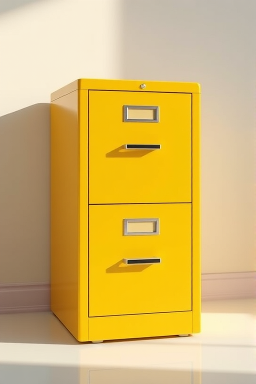 Create a high-resolution 3D rendering of a two-drawer yellow filing cabinet, using a Canon EOS 5D Mark IV camera, set to f/8 aperture, ISO 100, with a 24mm lens, in a well-lit studio environment with soft lighting and a slight angled view to enhance depth and shadow details.