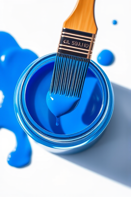 Create a high-resolution vector graphic of a blue paint jar with a brush dipped in blue paint, using a Canon EOS R camera with a 50mm f/1.8 lens, shot from a top-down view, in bright natural light to enhance color vibrancy and detail.