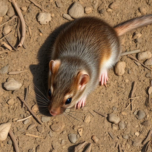 highly detailed illustration of a shrew lying on the ground, 50mm lens, aperture f/8, ISO 100, top-down view, natural lighting, DSLR camera