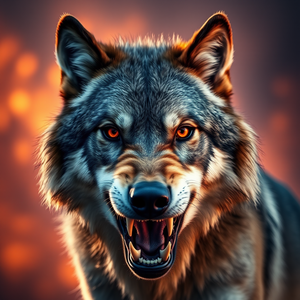 Create a hyper-realistic portrait of a fierce wolf with intense orange eyes, baring its fangs against a dramatic, fiery background, shot with a Canon EOS R5, 50mm lens, f/1.8 aperture, ISO 200, in soft natural light for enhanced detail and texture.