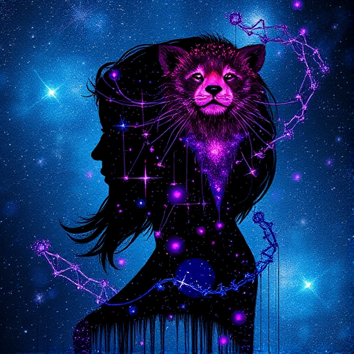 Captivating conceptual render alcohol ink art, double exposure, the paint strokes artfully merge combining a woman's full silhouette with a Radiant red panda's silhouette. The figures are composed of a series of colored dots, lines & spots that evoke the image of a cosmic galaxy, colors are deep shades of blue purple & black with flashes of white & silver representing distant stars. The woman's silhouette is formed within the lion's silhouette from constellations of scattered stars, surreal