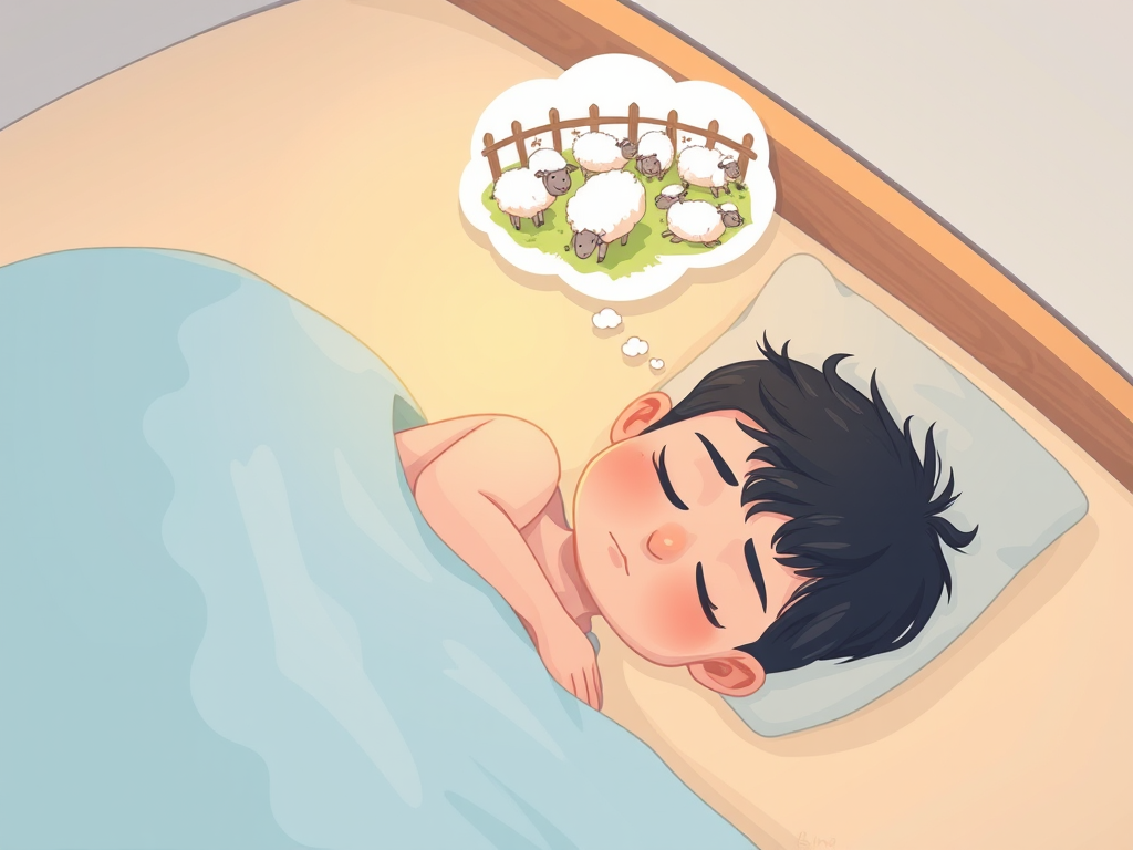 Create an illustration of a person sleeping peacefully in bed with a thought bubble filled with sheep and a fence above their head, use a soft pastel color palette, focus on a warm ambient lighting, camera settings: f/2.8 aperture, 50mm lens, ISO 200, top-down view, digital illustration style, high resolution.