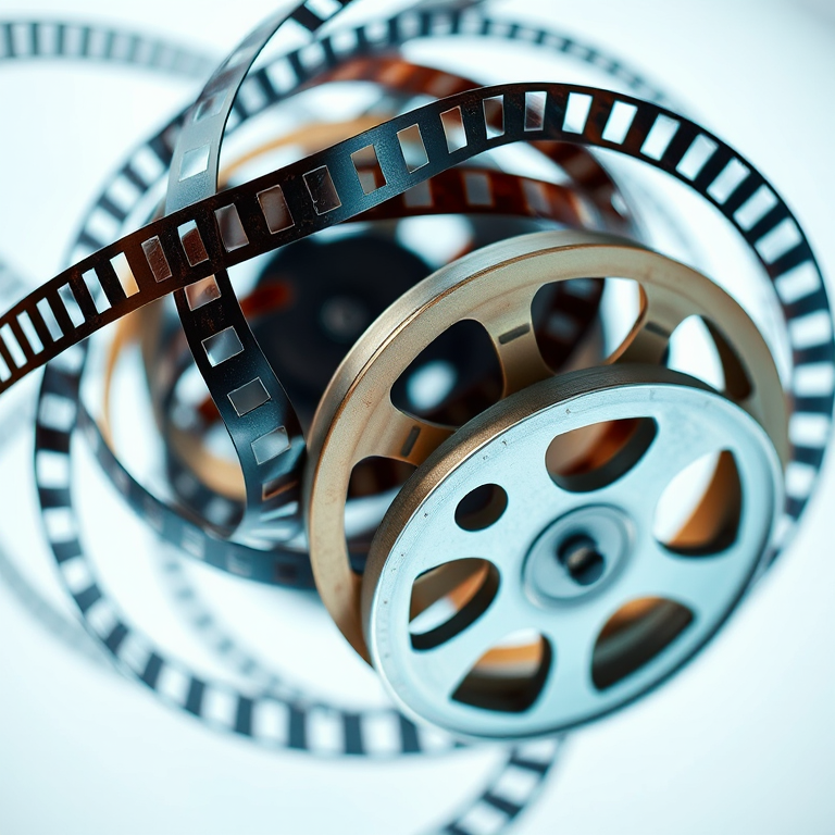Create an abstract image featuring film reels and film strips intertwined, using a high-resolution digital camera with an aperture of f/8, ISO 100, and a shutter speed of 1/125 sec, with a focus on a macro view for intricate details.