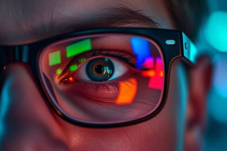 Close-up shot of a person's eye wearing glasses reflecting digital code and vibrant colorful lights, shot with a Canon EOS R6, 50mm lens, aperture f/1.8, ISO 100, shutter speed 1/250s, portrait mode with a shallow depth of field to enhance background blur.