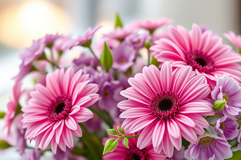 high-resolution floral arrangement with pink and purple flowers, soft natural lighting, shallow depth of field, f/2.8 aperture, 50mm lens, macro photography, DSLR camera, vibrant colors, high detail