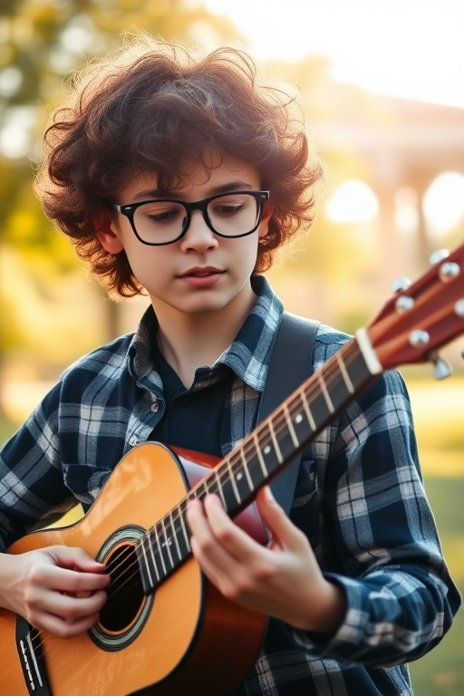 A young person with curly hair wearing glasses and a plaid shirt, playing an acoustic guitar in a sunlit park, shallow depth of field, f/2.8, ISO 200, 50mm lens, natural light, medium shot, DSLR camera.