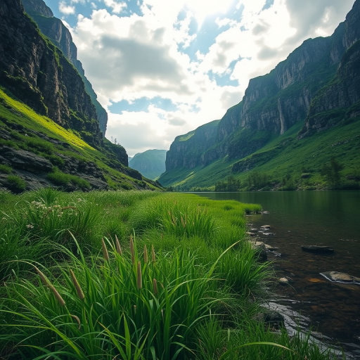 generate a serene landscape featuring a lush green riverbank with tall grasses and gentle water reflections, surrounded by steep cliffs under a partly cloudy sky