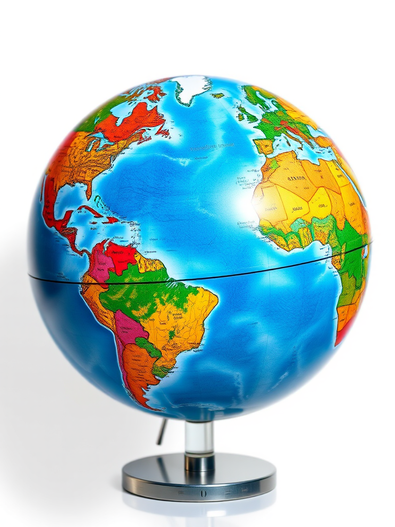 Create a high-resolution image of a globe with vibrant colors and clear details, set against a simple white background, using a 50mm lens, f/1.8 aperture, ISO 100, and natural lighting to enhance the clarity and depth.