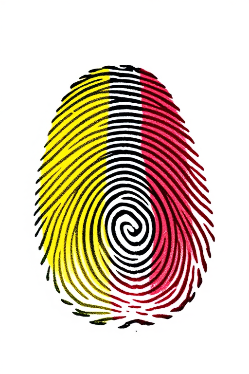 Create an image of a fingerprint stylized to resemble the Belgian flag, with a prominent yellow vertical stripe on the left, a black vertical stripe in the middle, and a red vertical stripe on the right, shot with a DSLR camera at f/2.8, 50mm lens, ISO 100, and natural lighting for enhanced detail.