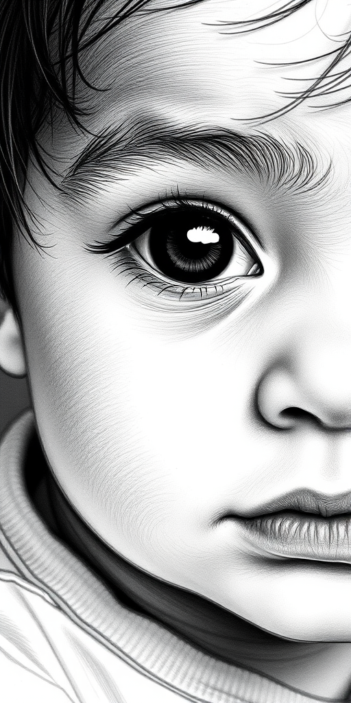 A hyperdetailed photorealistic black and white sketch of a beautiful toddler with deep black eyes, with a macro focus