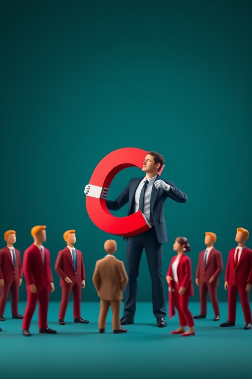 Create a 3D illustration of a businessman using a magnet to attract stylized human figures on a dark teal background, shot with a Canon EOS R5, f/2.8 aperture, ISO 100, and 50mm lens for sharp detail and vibrant colors.