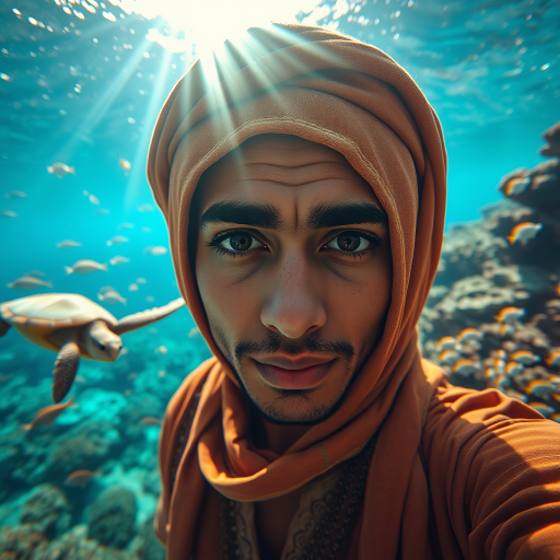 Realistic selfie image of a Sahrawi, wearing a vintage outfit, detailed dreamy eyes, droopy hooded eyes, staring at the camera, taken underwater at coral reef with a sunbeam filtering through the water, vibrant, summer vacation, natural lighting, turtle and school of tropical fish with vibrant colors, rendered in the style of CryEngine, Pegi Nicol MacLeod, with realistic genre scenes, hauntingly beautiful narratives, ultra-realism, and Thomas Saliot's close-up technique, 8K resolution, crystal clear and sparkling water.