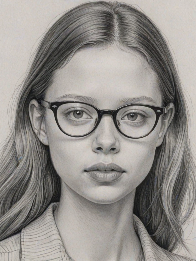 Radiant Mia Goth, pencil sketch, portrait of Magnificent woman 1947s in glasses, hair style beatnik, outline, clear lines, fine lines, 8k