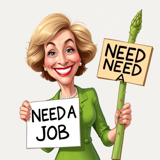 caricature of a smiling Maggie Smith in a Asparagus dress or suit, holding up a sign that says "NEED A JOB", no watermark,