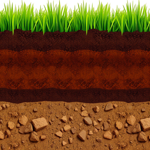 Generate a high-resolution illustration of a cross-section of soil with detailed layers, showing rich brown dirt, small rocks, and green grass at the top, captured with a Nikon D850 camera at f/8, ISO 100, 50mm lens, with a slightly elevated perspective for depth.