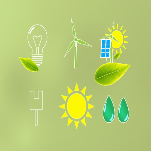 Create a high-resolution digital illustration of six eco-friendly energy icons, featuring a light bulb, wind turbine, solar panel, power plug, sun, and water droplets, all integrated with green leaves, using a Canon EOS 5D Mark IV with a 50mm lens, f/8 aperture, 1/200 shutter speed, natural light, and a slight vignette effect.