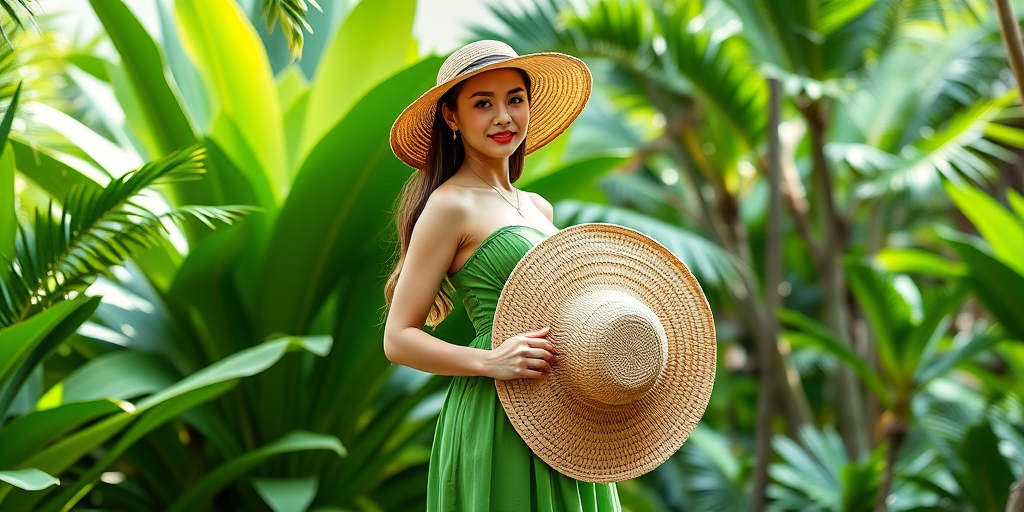 full body portrait of a woman in a vibrant green dress holding a large woven sun hat in a lush tropical garden, f2.8 aperture, 1/200s shutter speed, ISO 100, 85mm lens, soft natural lighting, shallow depth of field, DSLR camera