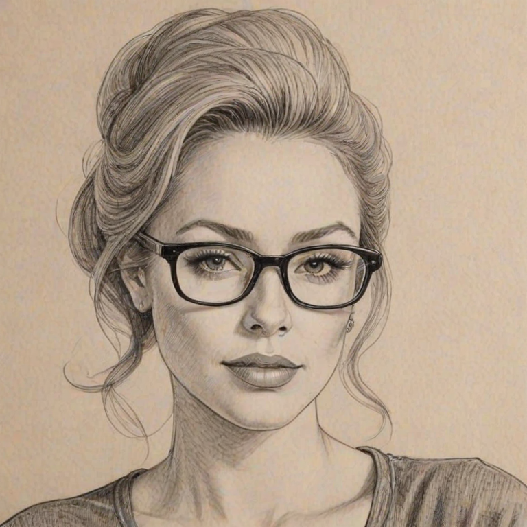 Fetching Brooke Lynn Hytes, pencil sketch, portrait of Attractive woman 1976s in glasses, hair style beatnik, outline, clear lines, fine lines, 8k