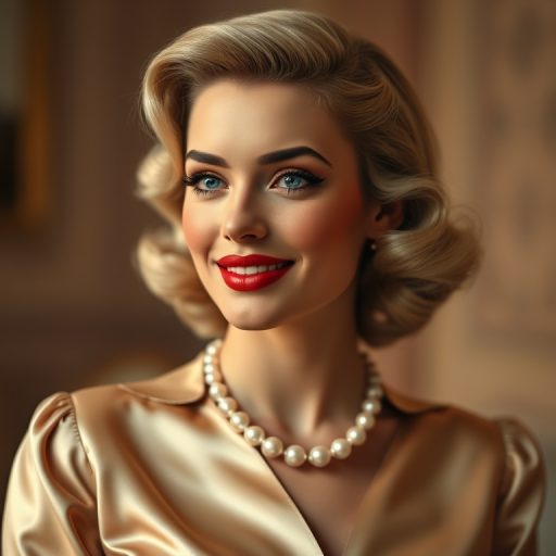 A beautiful woman reminiscent of 1950s Hollywood glamour, with perfectly styled blonde hair and a seductive smile, dressed in a satin blouse and adorned with pearls, soft and warm tones, photorealistic, 8K