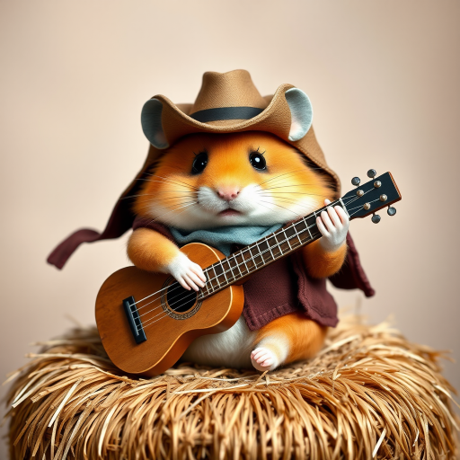 A chibi hamster, dressed as a cowboy, playing guitar, sitting on a hay bale