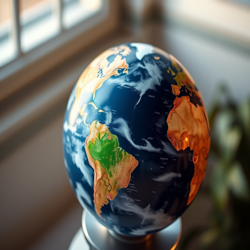 Create a highly detailed 3D rendering of a glossy globe showing continents and oceans, using a Canon EOS 5D Mark IV, aperture f/8, ISO 100, focal length 50mm, shot from a slightly elevated angle with soft natural lighting and a depth of field effect.