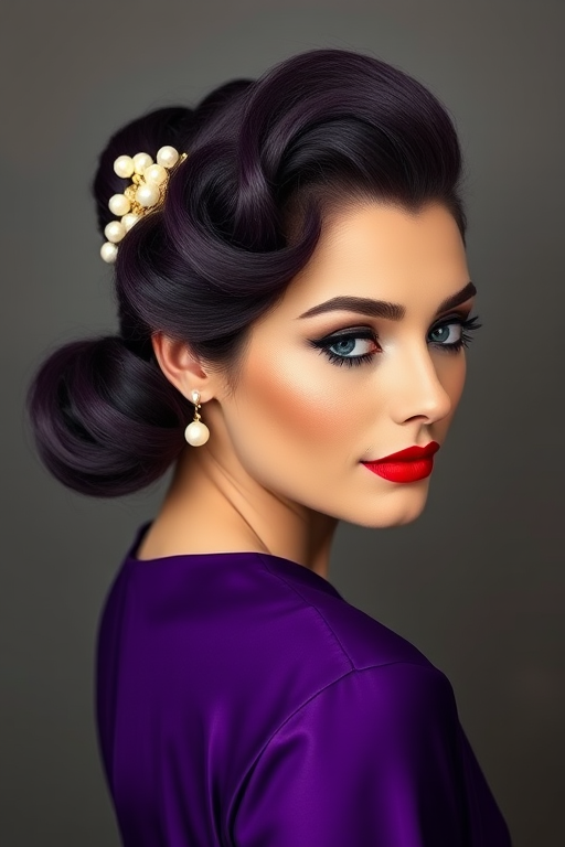 Regal deep purple victory rolls with a vintage-inspired silhouette, adorned with delicate pearl hair accessories for a touch of old Hollywood glamour