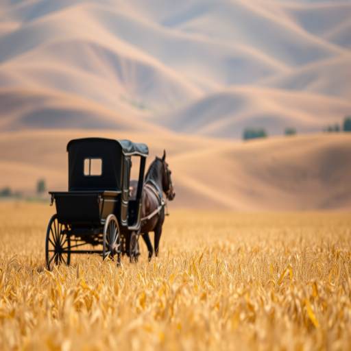 Capture a clear image of a black horse-drawn carriage in a golden cornfield with a blurred background of rolling hills, using a DSLR camera with a 50mm lens, aperture set to f/2.8 for a shallow depth of field, ISO 100 for optimal light, and a shutter speed of 1/250 seconds to freeze motion.