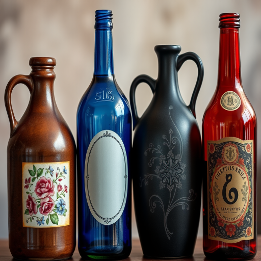 Create a highly detailed, realistic image of four decorative bottles: a brown jug with a floral label, a blue bottle with a blank oval label, a black jug with an ornate floral design, and a red bottle with a vintage decorative label, using a DSLR camera with a 50mm lens, aperture set to f/2.8, ISO 100, and a shallow depth of field to enhance image quality and focus on the bottles against a soft blurred background.