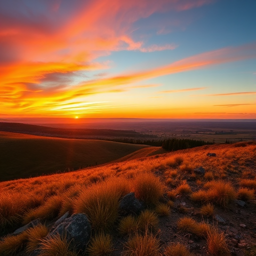 Create a high-resolution image of a scenic landscape at sunset with vibrant colors, using a DSLR camera, aperture f/8, ISO 100, 24mm lens, in HDR mode and a wide-angle view for enhanced depth.