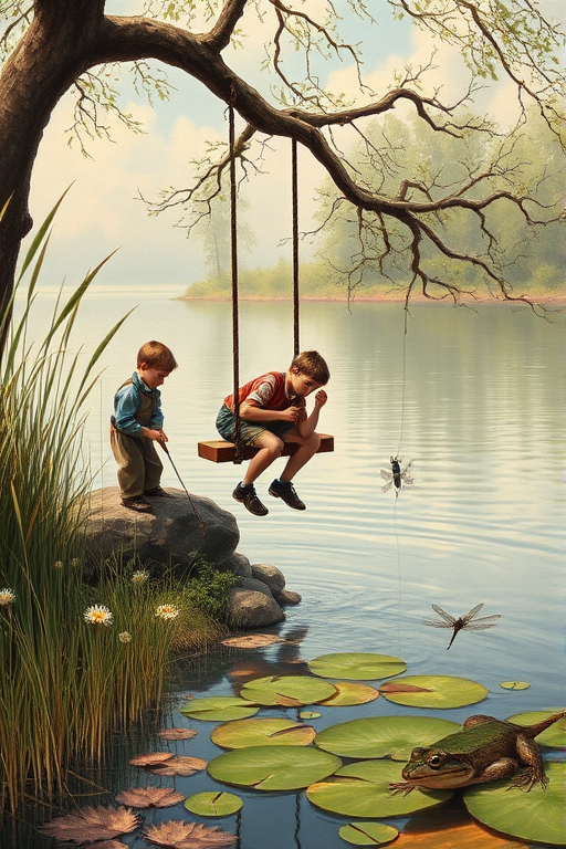 Imagine a small group of old fashioned young boys out fishing by the creek, a swing hanging from a tree branch, reeds and grasses by the water's edge, a frog sitting on a lily pad, dragonflies hovering over som water plans, a very iconic old fashioned scene reminiscent of a Norman Rockwell painting style
