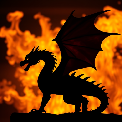 Create a dramatic silhouette of a dragon against a vibrant, fiery background with flames in shades of orange and yellow, using a DSLR camera with a 50mm lens, f/1.8 aperture, ISO 100, and a low-angle view to enhance depth and detail.