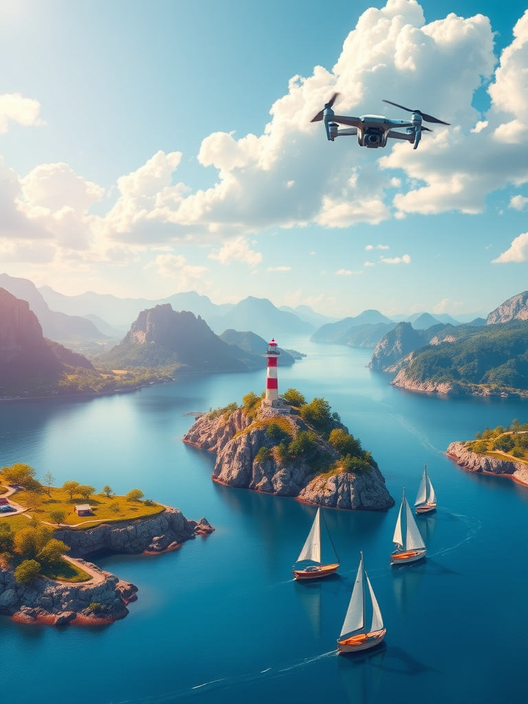 Create a vibrant digital illustration of a landscape featuring mountains, a lighthouse, and sailboats on a blue river, captured in 4K resolution with a wide-angle lens, f/8 aperture, ISO 100, using a drone for an aerial view, with a bright and sunny color palette.