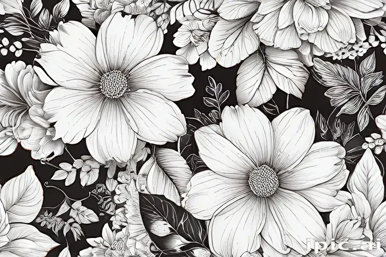 Elegant Black and White Floral Pattern Featuring Various Large Blossoms ...