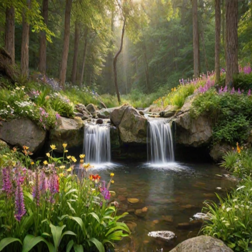 create a serene forest scene with a calm waterfall cascading into a pond surrounded by lush greenery and colorful wildflowers under soft sunlight