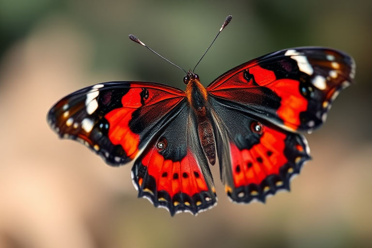 Create a high-resolution close-up photograph of a vibrant red and black butterfly with detailed patterns on its wings, using a Canon EOS R5 with a 100mm macro lens, aperture set to f/2.8, ISO 100, and natural lighting to emphasize texture and color vibrancy, shot from a slightly elevated angle.