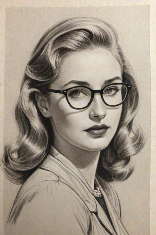 Graceful Veronica Dunne, pencil sketch, portrait of Ravishing woman 1941s in glasses, hair style beatnik, outline, clear lines, fine lines, 8k