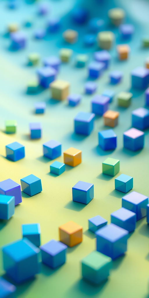 Create a 3D abstract digital image of a vibrant blue and green landscape filled with scattered, glossy cubes, using a high-resolution digital camera with a 50mm lens, aperture f/2.8, ISO 100, and a shallow depth of field for a soft background effect.