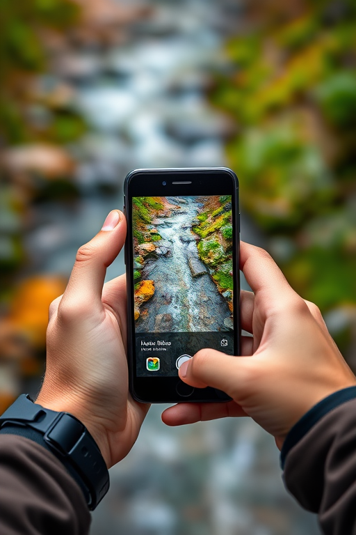 Generate a high-resolution image of a person holding a smartphone near a stream, focus on the screen displaying vibrant colors, shallow depth of field, with a Canon EOS R5 camera, 50mm lens, f/1.8 aperture, ISO 100, 1/200s shutter speed, natural lighting.